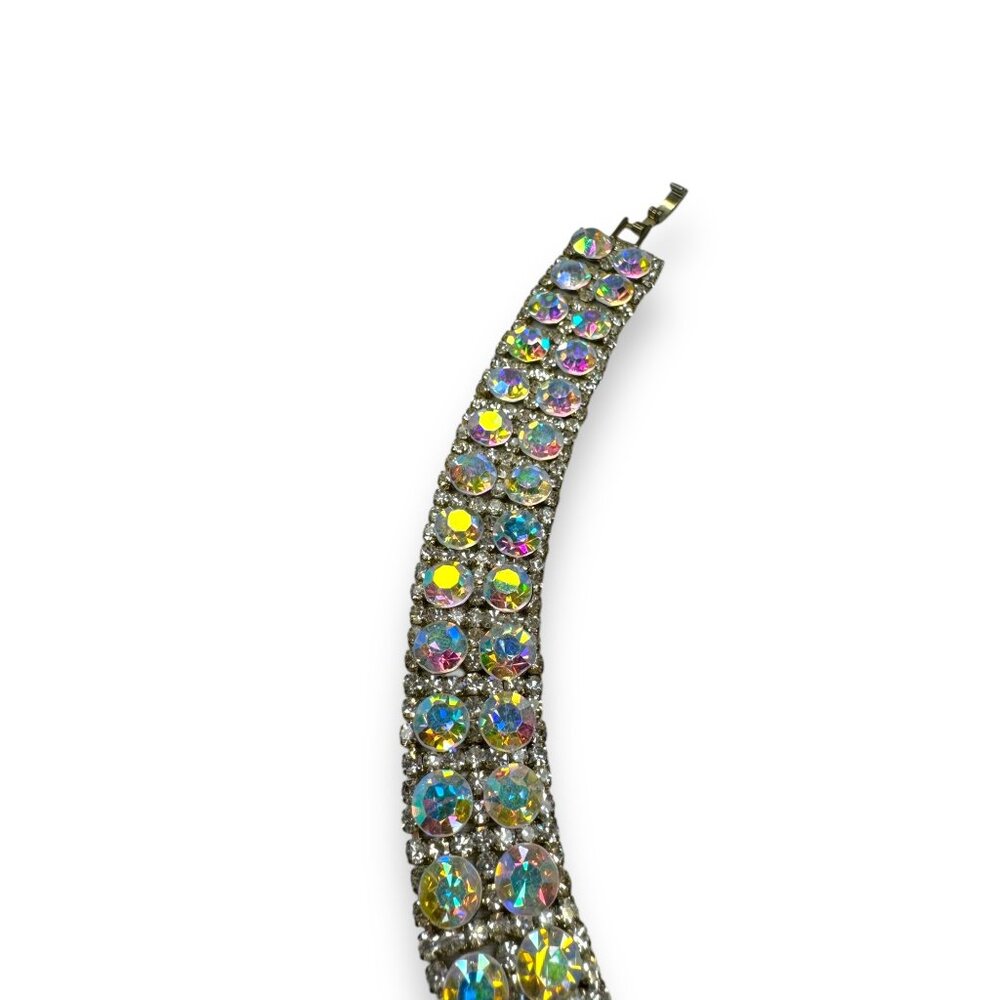 Aurora Borealis Crystal Rhinestone Bracelet 6.75" Fold Over Clasp Vintage - Picture 3 of 8
